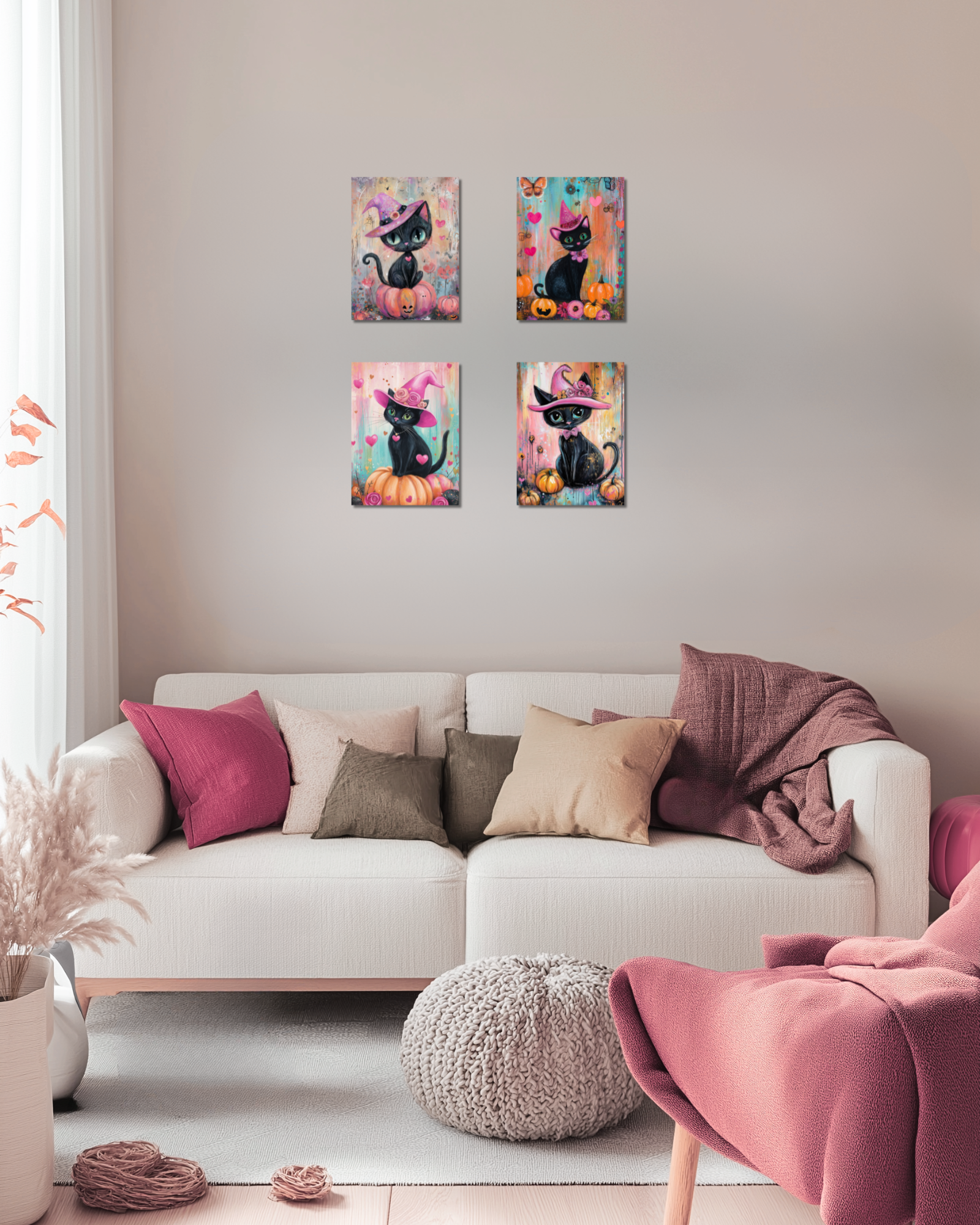 Set of 4 Halloween Black Cat Art Prints – 8x10 Whimsical Watercolor Paintings for Cat Lovers