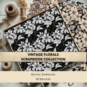 Vintage elegant floral scrapbook collection, black and white floral designs, displayed on a wooden background with crafting supplies.
