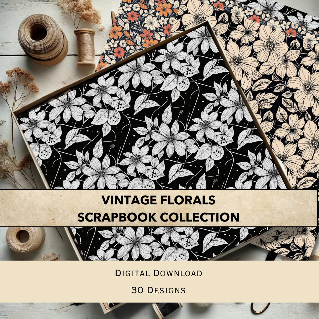 Vintage elegant floral scrapbook paper collection, black and white floral designs, displayed on a wooden background with crafting supplies.
