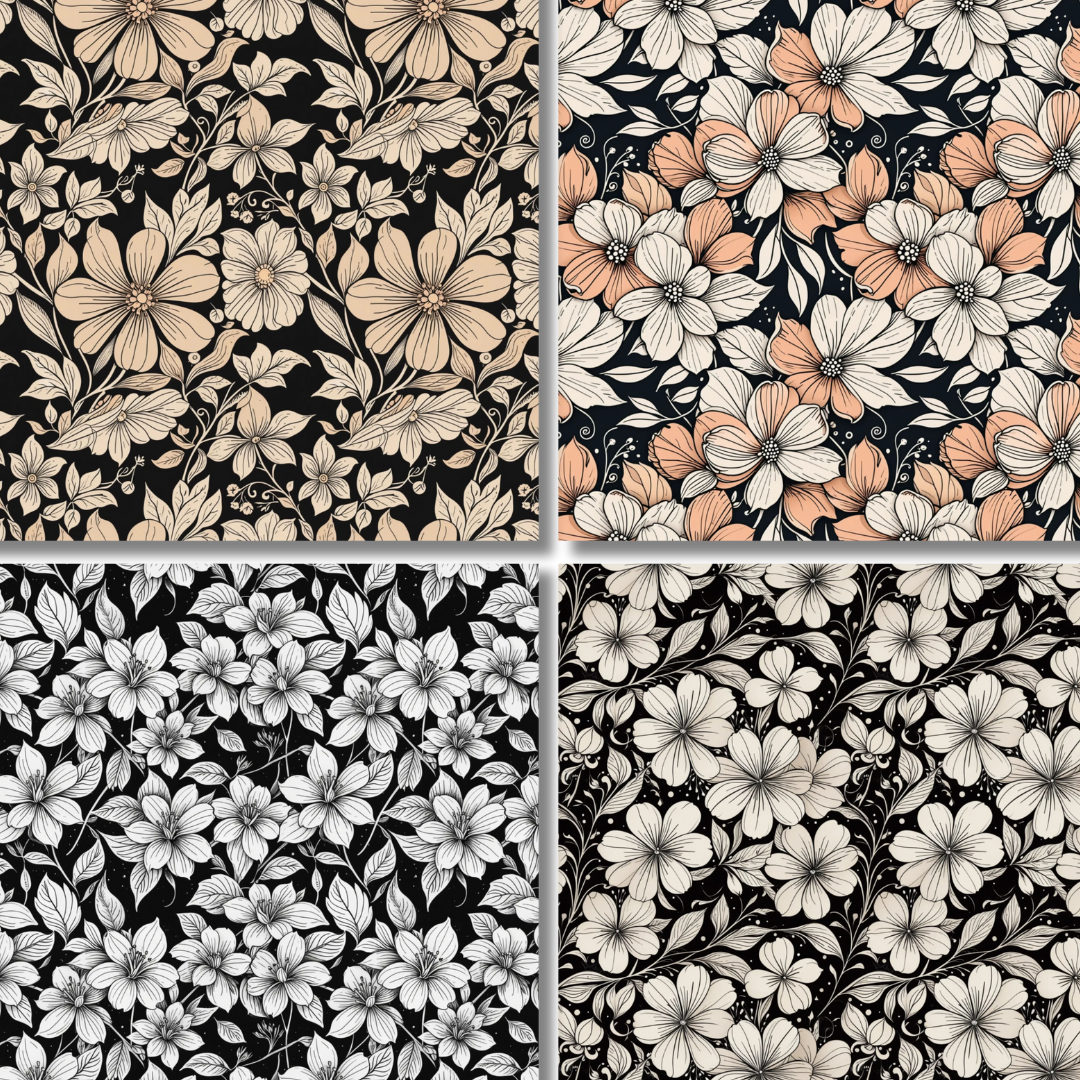 Preview of four elegant floral designs from the Vintage Florals Scrapbook Collection, featuring intricate patterns in warm and neutral tones, perfect for digital crafting.