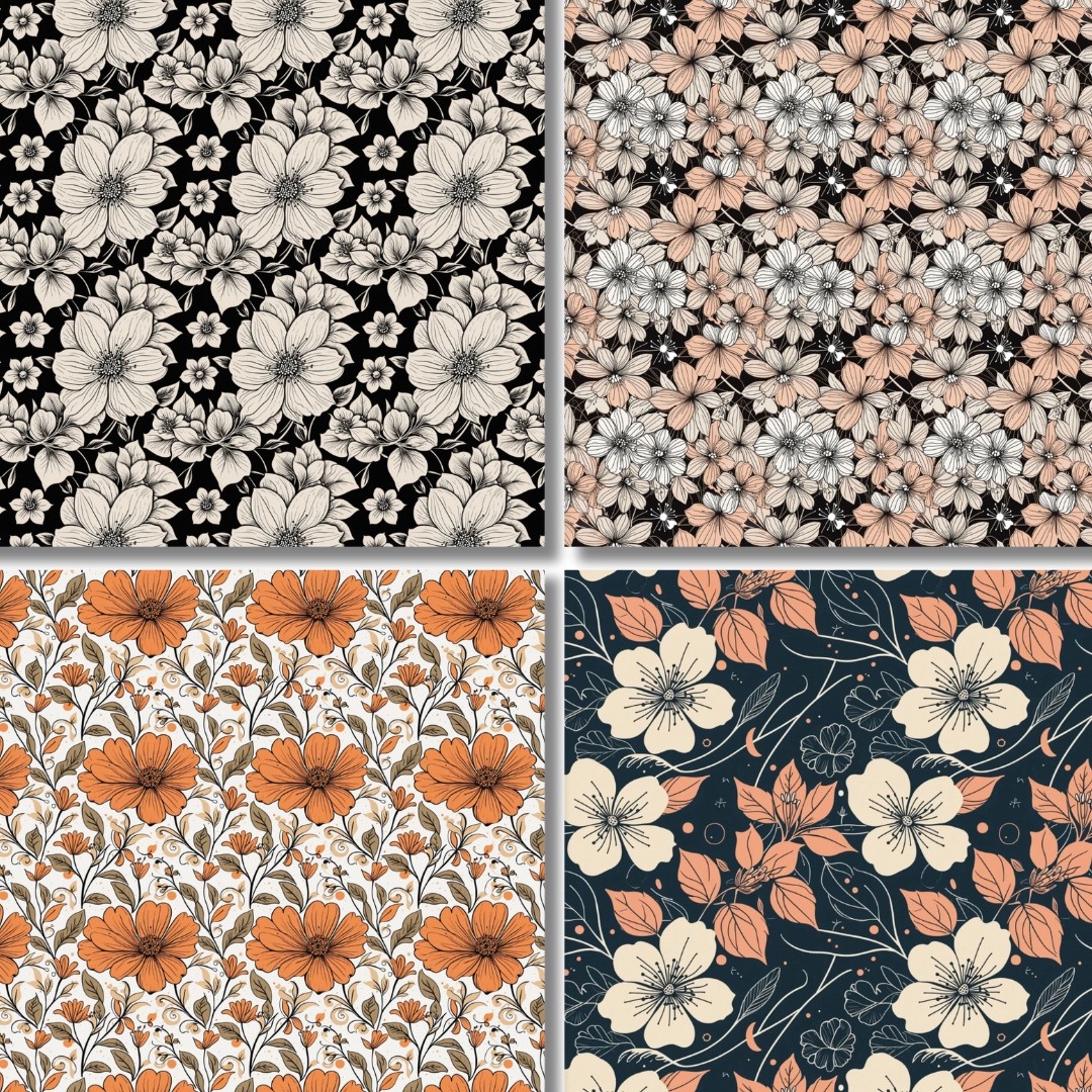 Preview of four floral patterns from the Vintage Florals Scrapbook Collection, featuring intricate designs in black, beige, orange, and teal hues for versatile crafting projects.
