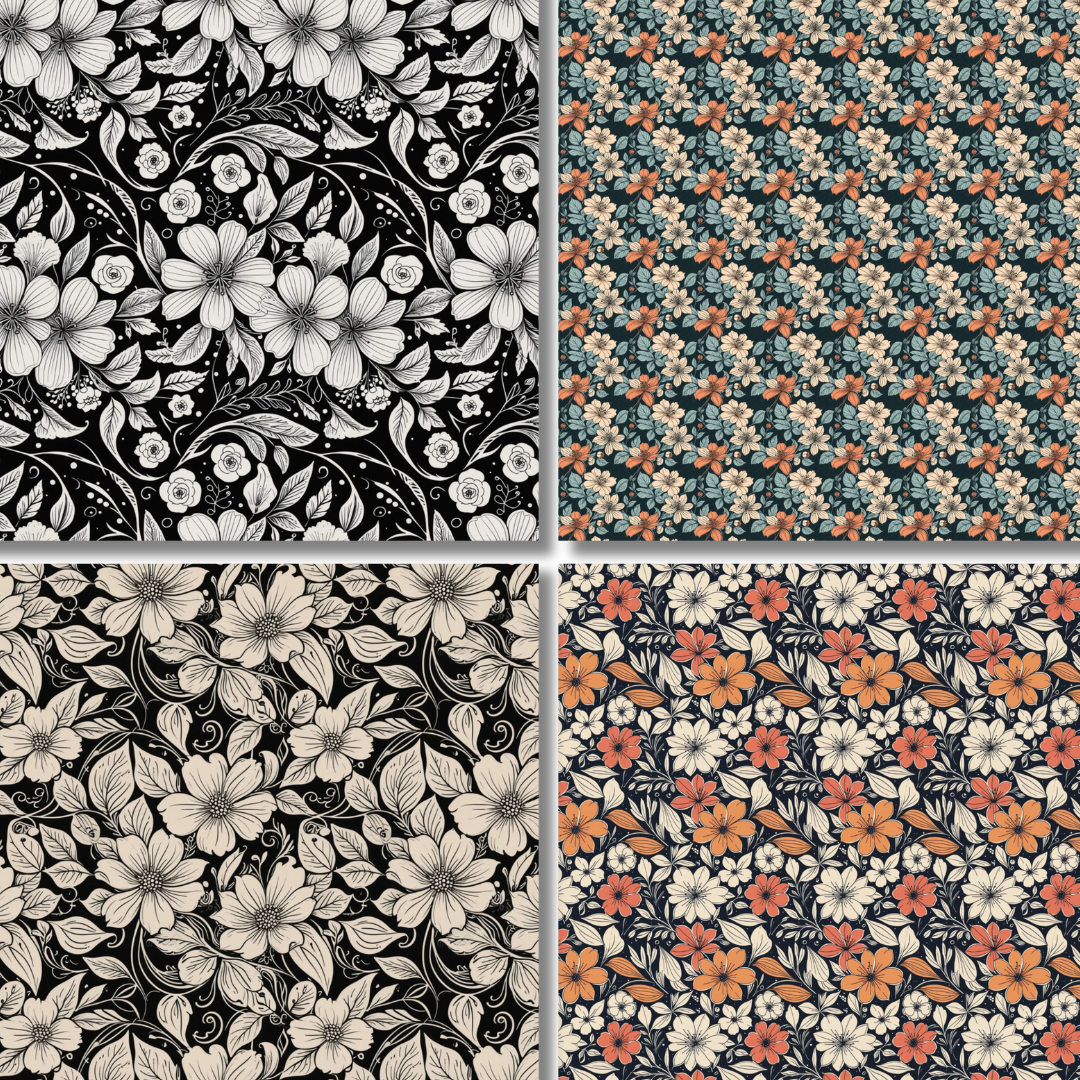 A collection of four floral scrapbook designs from the Vintage Florals Scrapbook Collection, featuring intricate black, white, teal, and orange patterns.