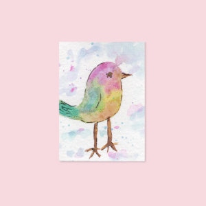 Watercolor bird artwork on white textured paper with soft pastel background, 5x7 art print