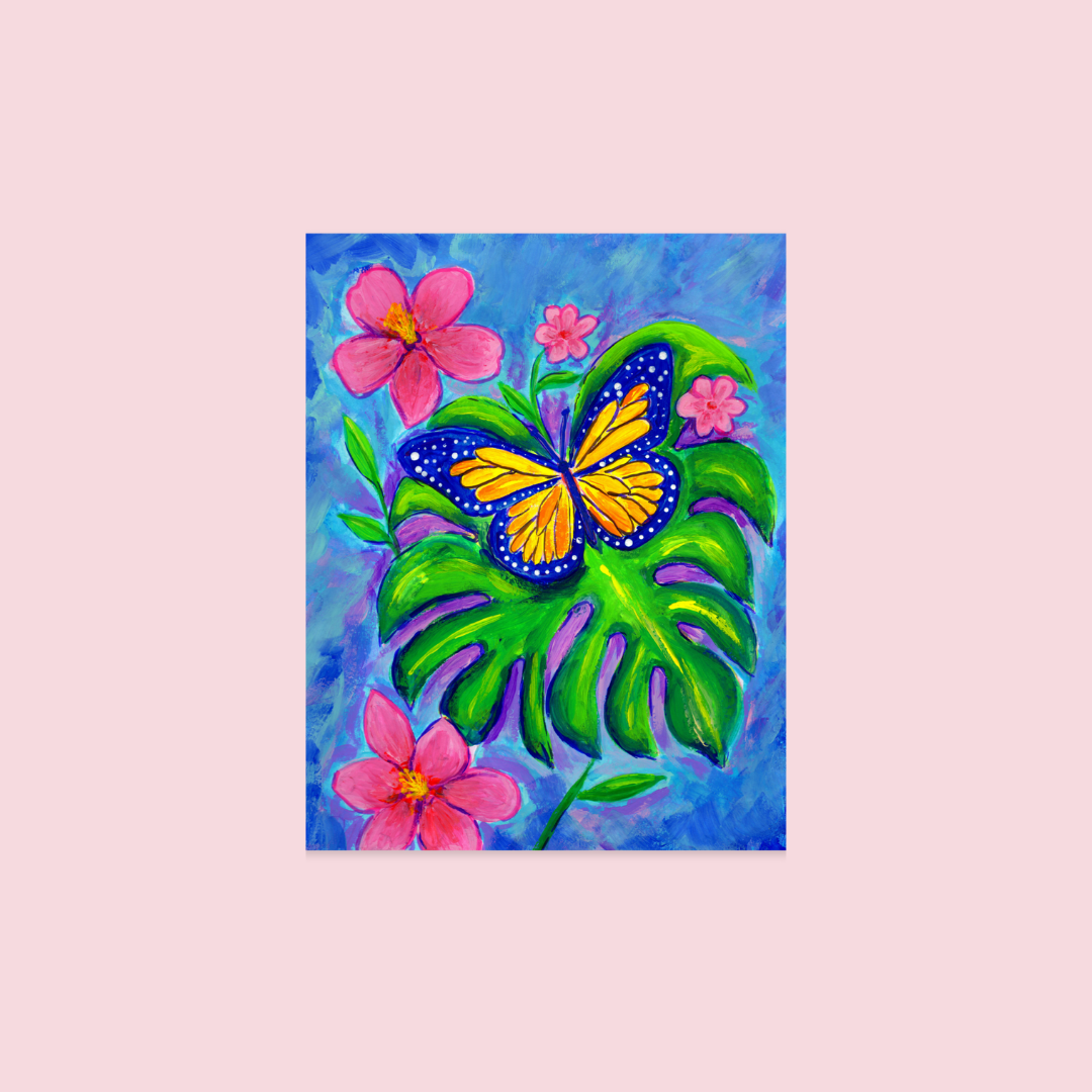Tropical Butterfly Art Print with butterfly, pink flowers, and monstera leaf; vibrant gouache acrylic marker reprint, unframed 5x7 or 8x10
