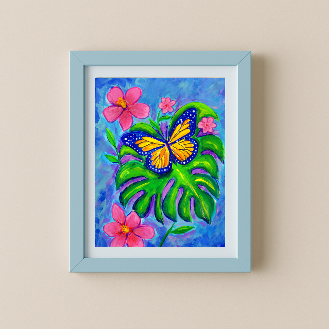 Tropical Butterfly Art Print—yellow butterfly on monstera leaf with pink flowers, textured background, unframed wall art 5x7 or 8x10