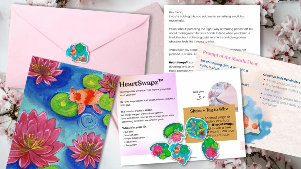 Flat lay of Heart Swapz Mail Club kit featuring a pink envelope, art print with koi fish and lotus flowers, journaling prompt card, stickers, and creative paper ephemera.