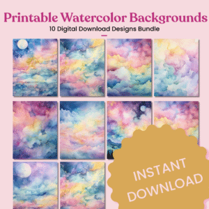 set of 10 printable watercolor backgrounds including moons, clouds, and abstract skies