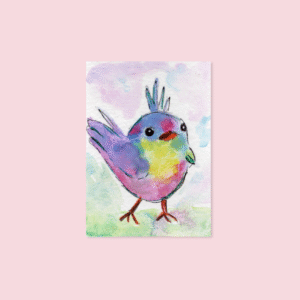 Watercolor rainbow bird art print with tufted feathers and pastel colors – 5x7 siz