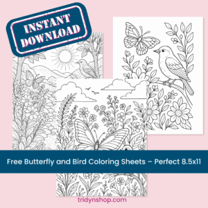 Free butterfly and bird coloring sheets set of 3, 8.5x11 printable pages featuring butterflies, a songbird, and flowers; instant download preview collage.