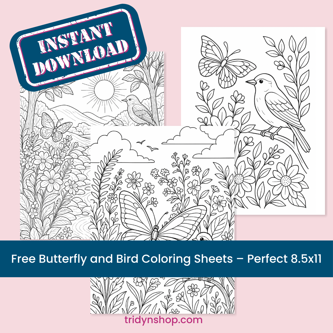 Free butterfly and bird coloring sheets set of 3, 8.5x11 printable pages featuring butterflies, a songbird, and flowers; instant download preview collage.