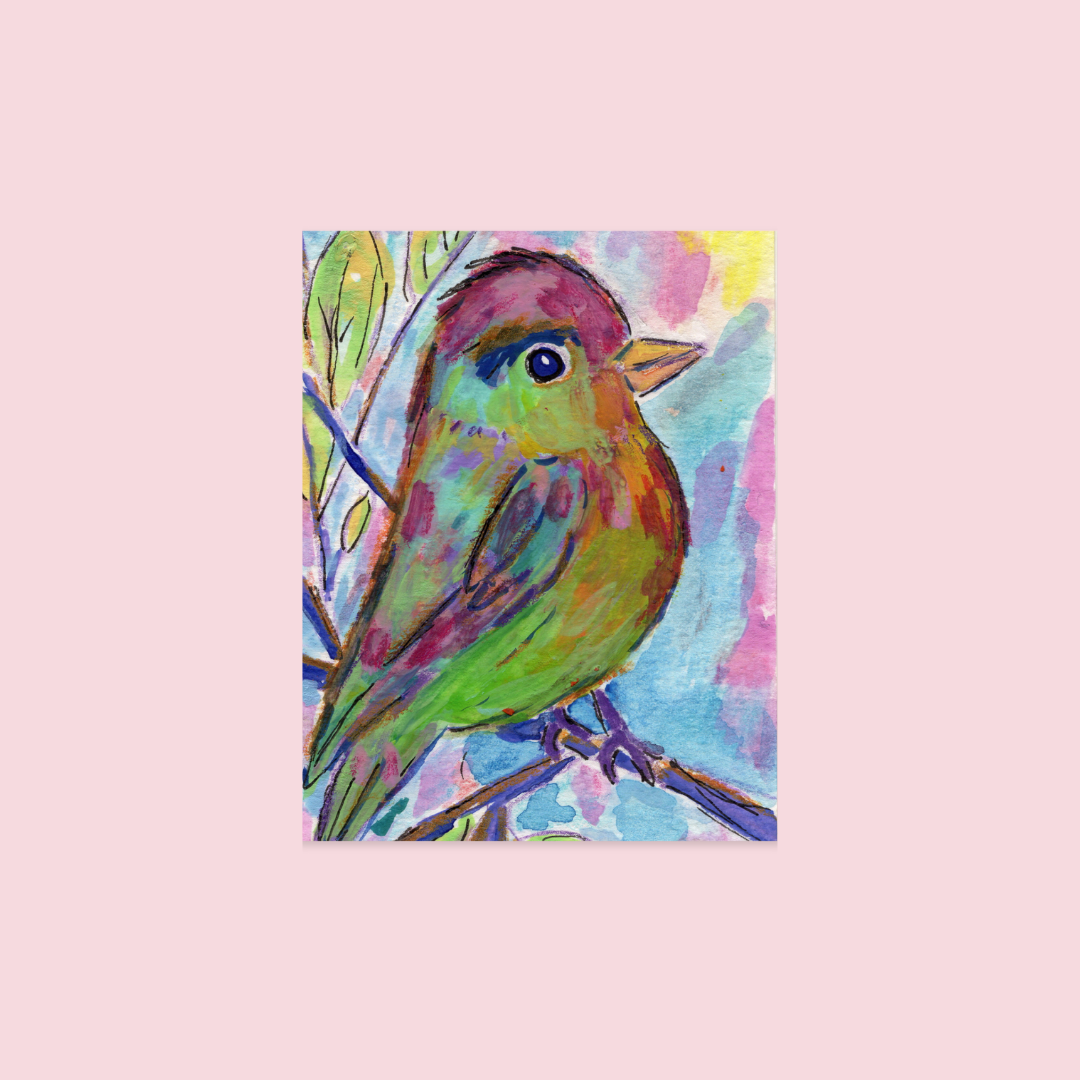 Green Bird Art Print-5x7 bird art print featuring a green and magenta bird on a branch with a pastel pink background