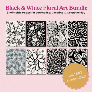 Black and white floral art bundle preview with 8 printable 8.5x11 journaling and coloring pages