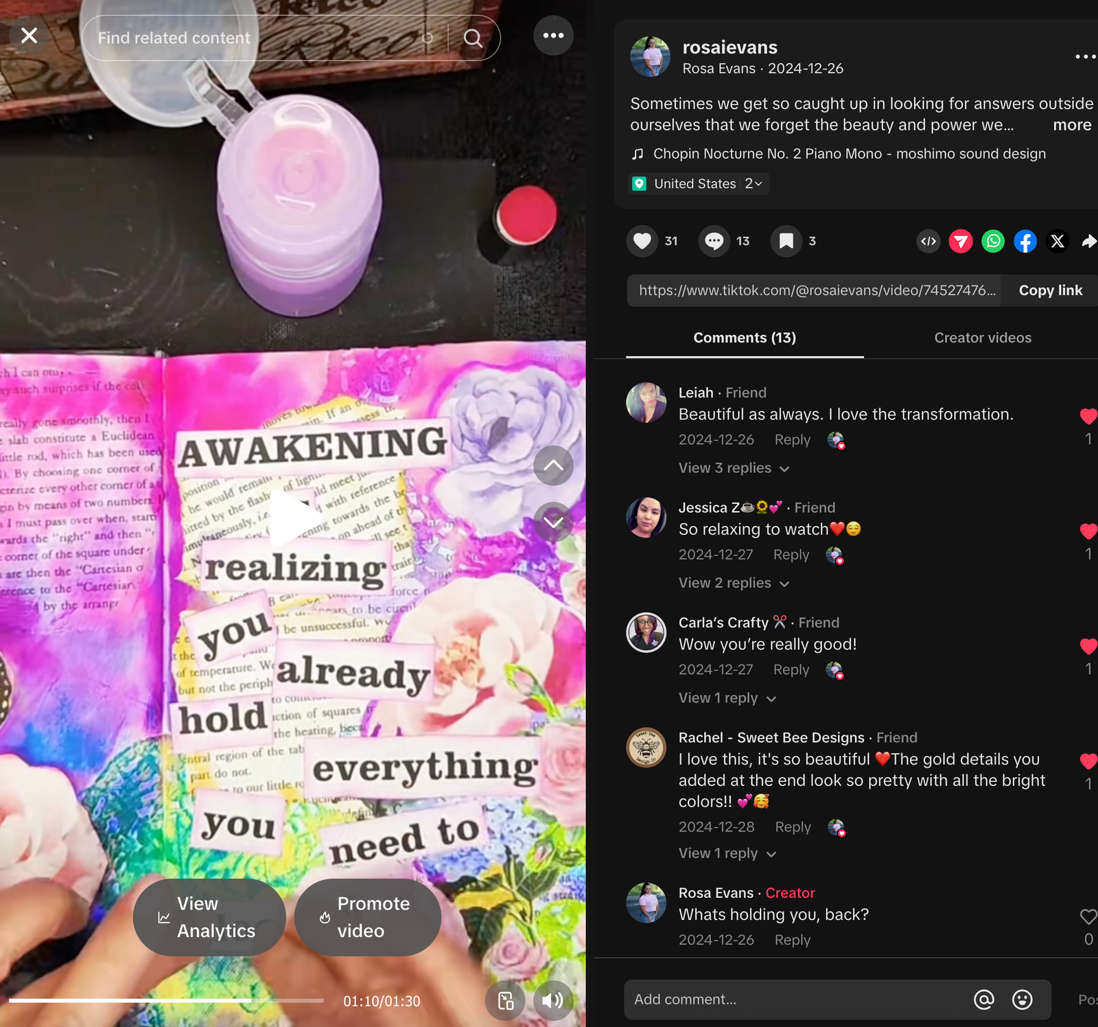 Creative journaling mixed media for beginners pastel collage—open notebook spread titled “Awakening” with cut-out words, florals, hearts, layered papers, and glue on the desk.