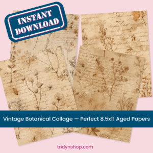 Vintage botanical collage printable—4 tea-stained 8.5x11 aged papers with wildflower sketches and cursive script; instant download for scrapbooking and journals.