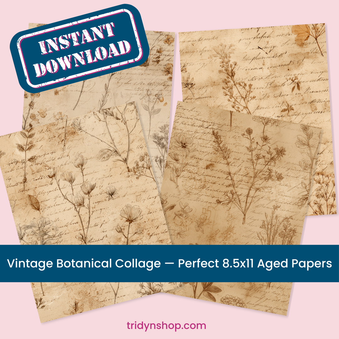 Vintage botanical collage printable—4 tea-stained 8.5x11 aged papers with wildflower sketches and cursive script; instant download for scrapbooking and journals.