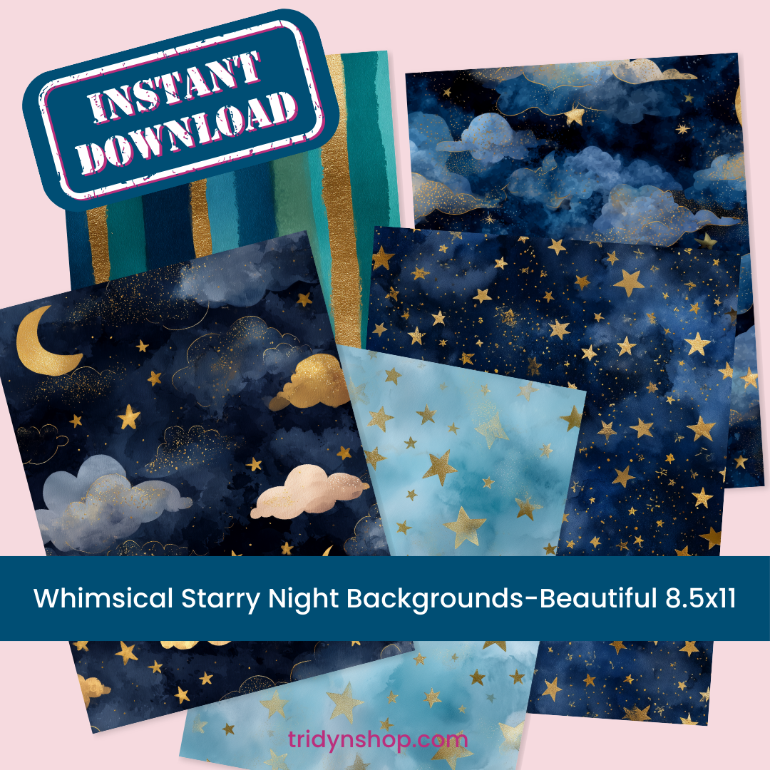 Whimsical Starry Night Backgrounds with gold stars, clouds, and moon on 8.5x11 printable digital paper