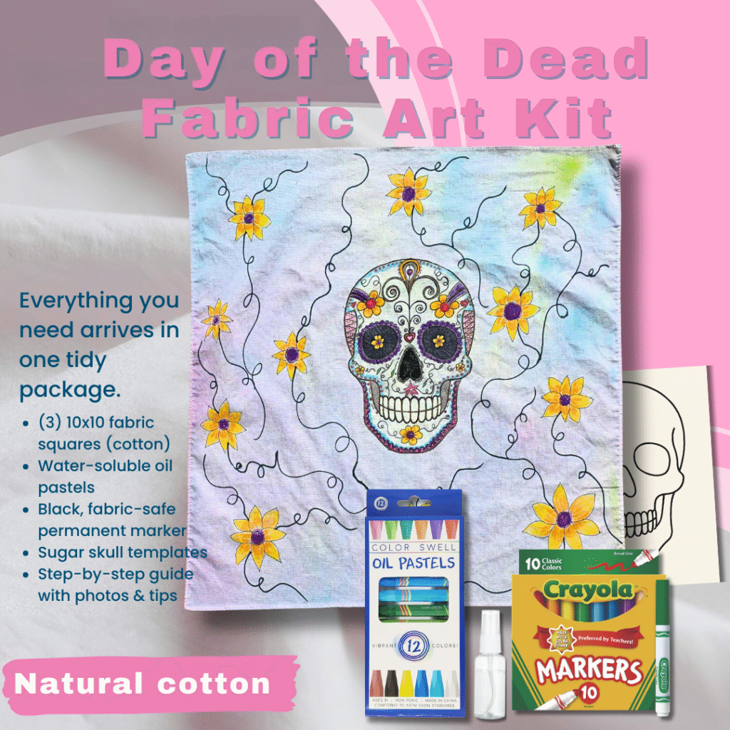 Day of the Dead | Dia De Los Muertos fabric art kit cover image showing kit contents