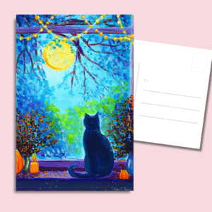 black cat moon postcard with pumpkins on a windowsill, 4x6, printed on 350 gsm matte cardstock