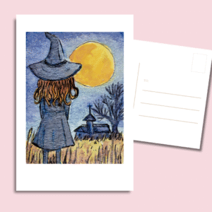 witch moon postcard showing a girl in a witch hat under a golden moon with chapel silhouette, 4x6 on 350 gsm paper
