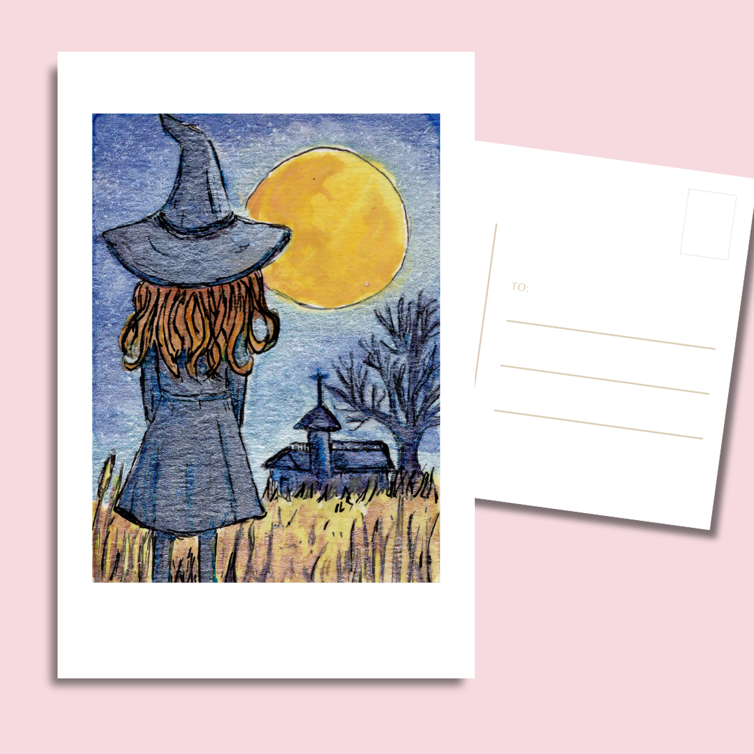 witch moon postcard showing a girl in a witch hat under a golden moon with chapel silhouette, 4x6 on 350 gsm paper