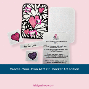 pocket art kit with pink heart collage and “You Are Loved” tiles on 2.5x2.5 card, ATC card Kit