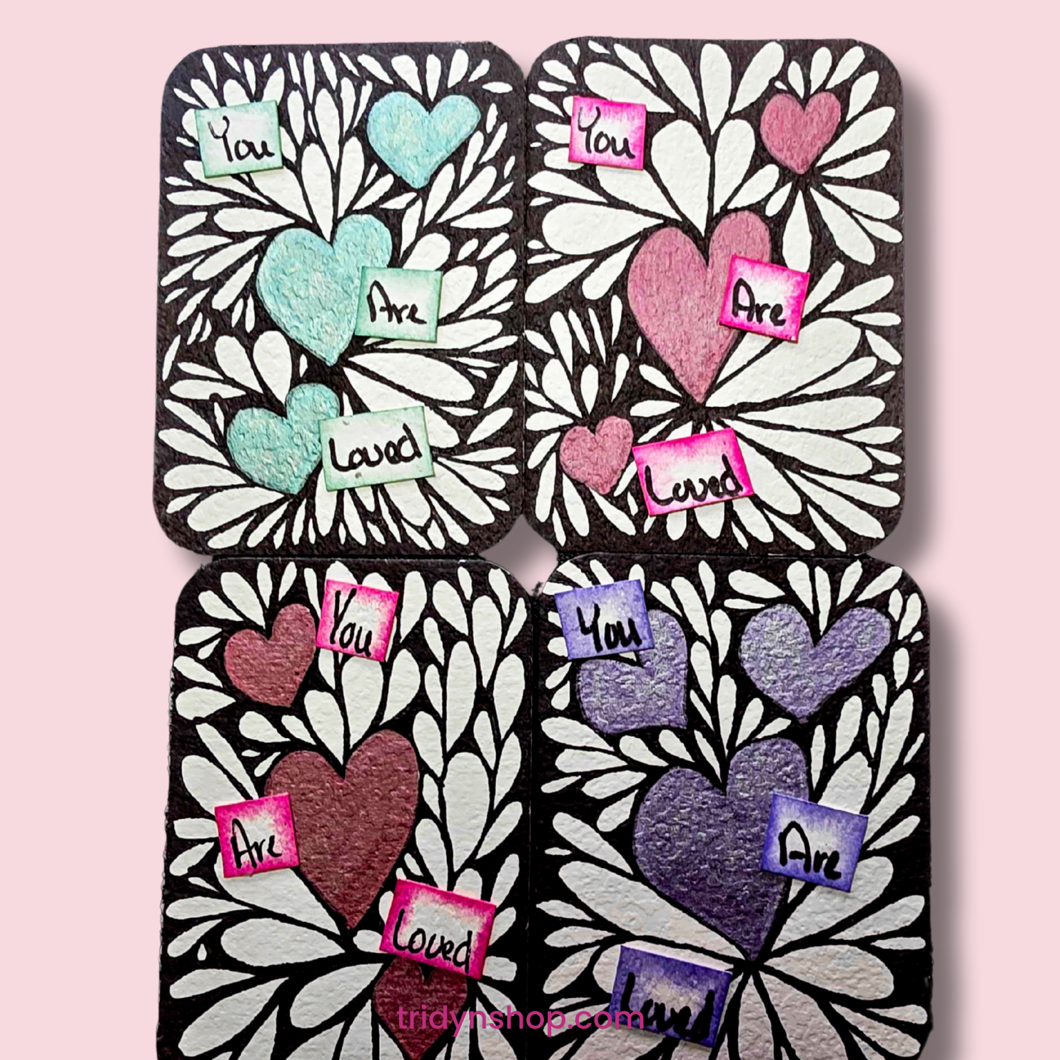 pocket art kit showing four 2.5x2.5 minis in teal, rose, and lavender with You Are Loved tiles