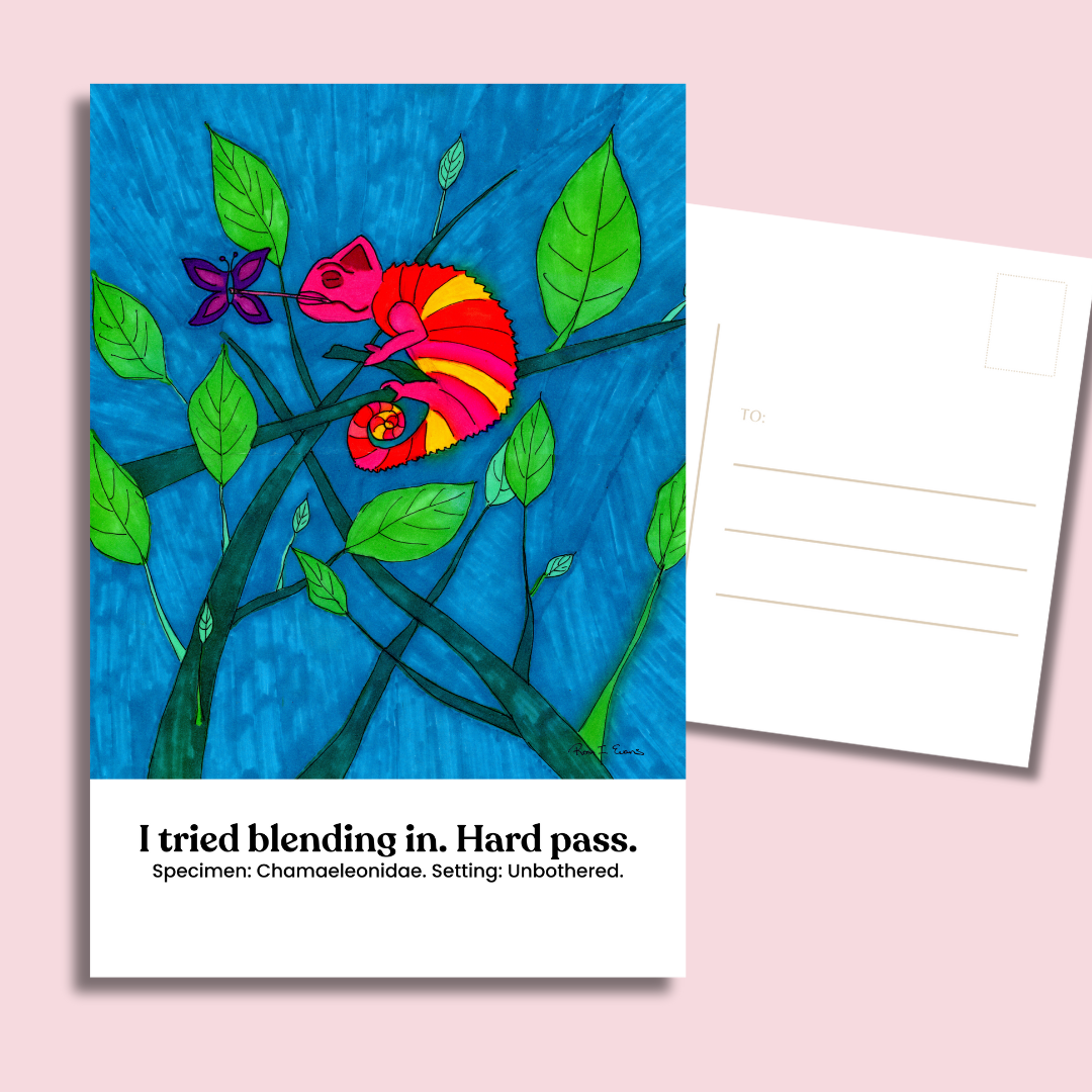 Chameleon Postcard 4x6 on premium 350gsm cardstock with bright forest chameleon illustration and snarky caption