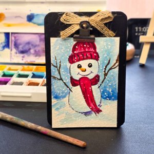 Watercolor ACEO Original Painting of a smiling snowman, 2.5x3.5 on textured watercolor paper, signed by Rosa I Evans
