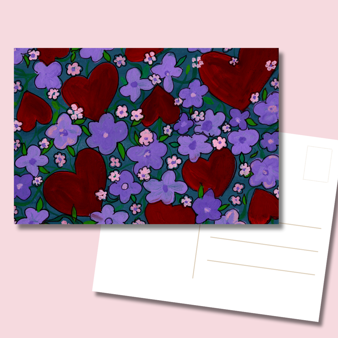 hearts and flowers postcard 4x6 with red hearts and purple flowers printed on premium 350 gsm cardstock