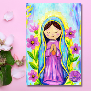 Our Lady of Guadalupe 5x7 art print featuring a whimsical Virgin Mary in pink and blue with surrounding flowers, printed as a high-quality reproduction