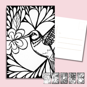 floral doodle postcards full collection—set of five black and white 4x6 glossy postcards featuring cactus, flowers, butterfly, hearts, and one hummingbird on 14 pt (300 gsm)