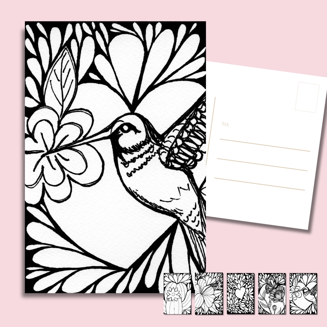 floral doodle postcards full collection—set of five black and white 4x6 glossy postcards featuring cactus, flowers, butterfly, hearts, and one hummingbird on 14 pt (300 gsm)