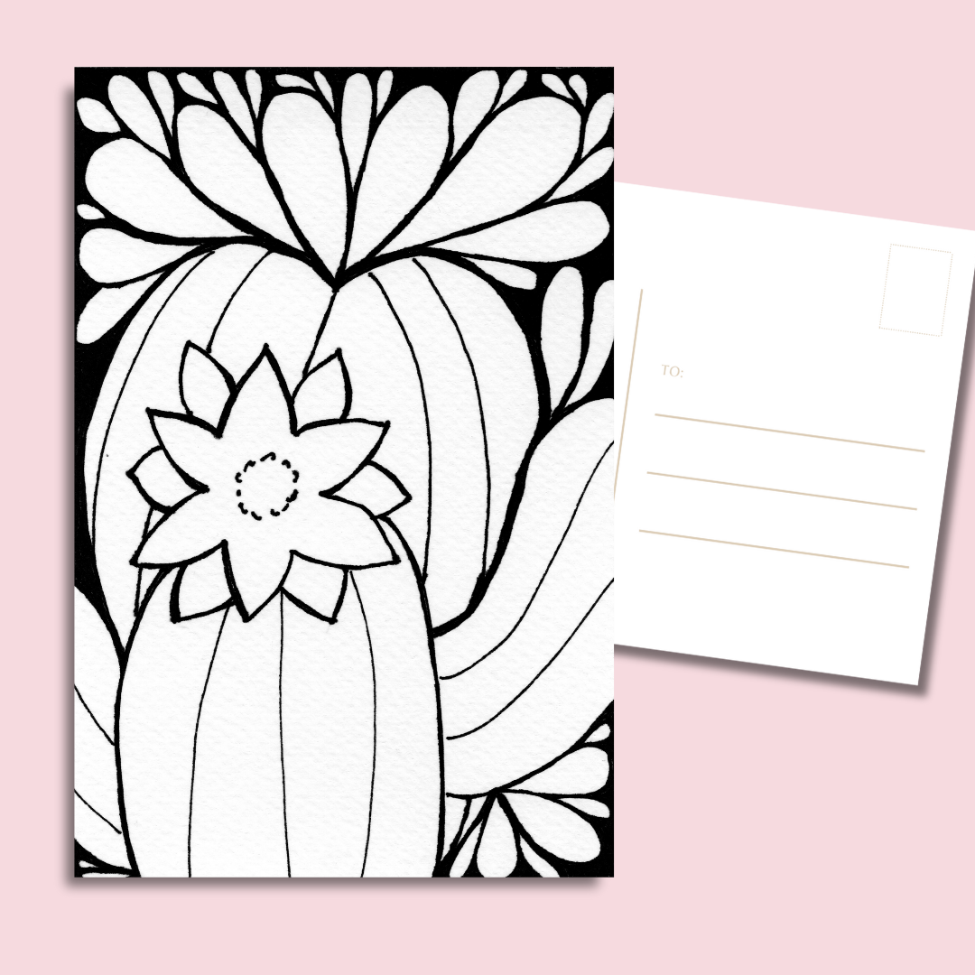 floral doodle postcards cactus bloom—black and white postcard art, glossy front, 14 pt (300 gsm)