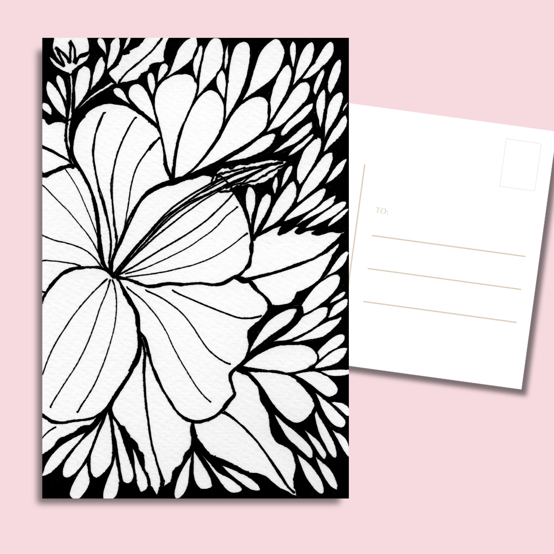 floral doodle postcards hibiscus burst—collectible art cards, 4x6 glossy postcard, 300 gsm