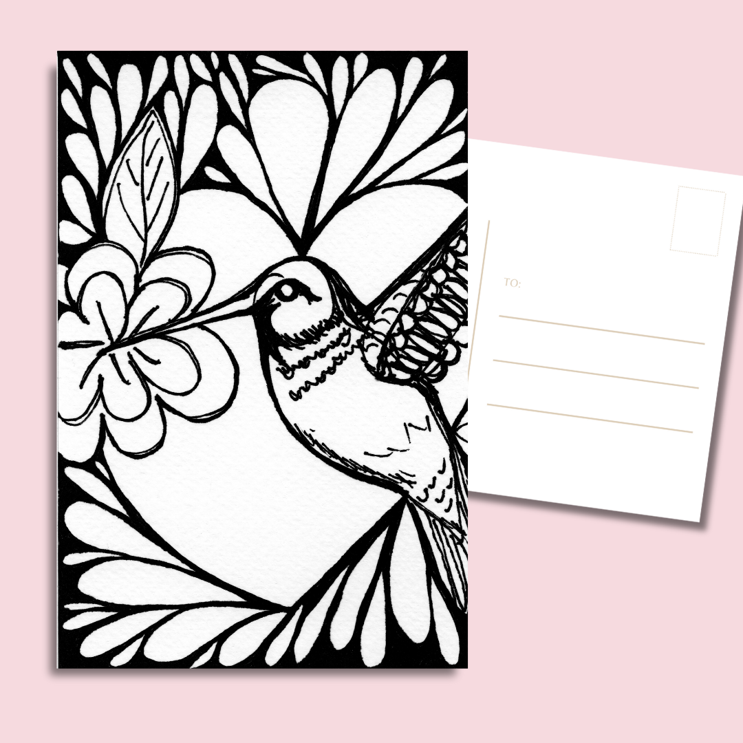 floral doodle postcards hummingbird accent—one card in set with hummingbird and flower, glossy 4x6, 14 pt (300 gsm)