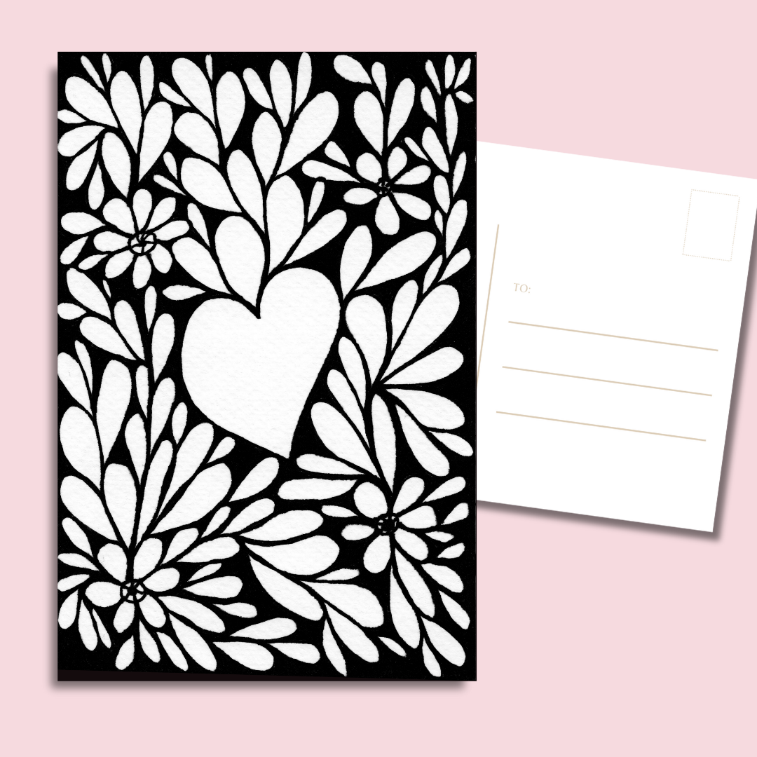 floral doodle postcards hearts in florals—black and white 4x6 glossy, 14 pt (300 gsm)