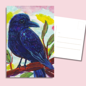 Raven Postcard 4x6, glossy 14 pt (≈300 gsm) gouache bird art reprint on mini art postcard