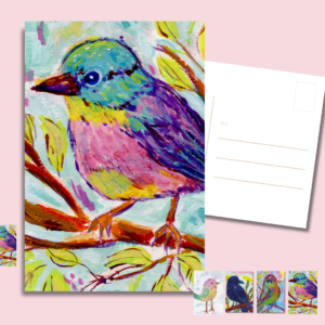 whimsical bird postcards set of 4, collage preview of all designs on glossy 14 pt paper