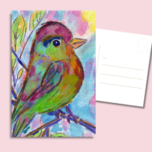 colorful bird postcard 4x6 on premium 14pt (≈308 gsm) glossy paper, vibrant watercolor-style songbird illustration