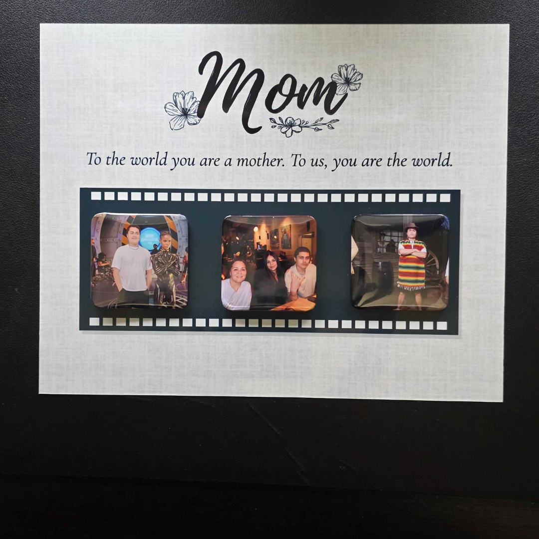 8x10 swappable photo frame shown with five 2×2 magnetic photos overlapping to illustrate the fast swap system