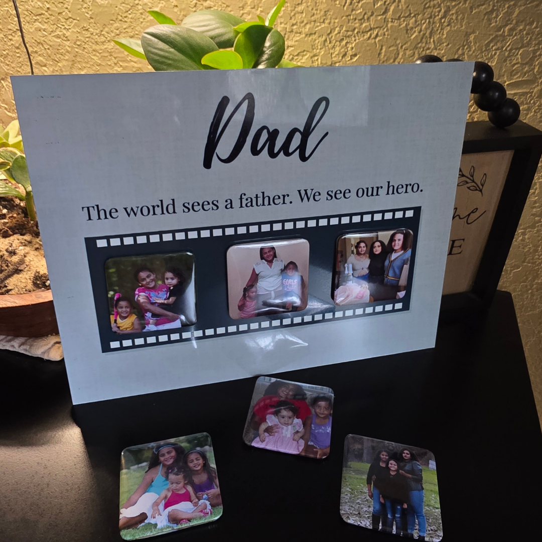 Angled display of Dad Photo Frame Gift with swappable magnetic photos – HeartSwapz