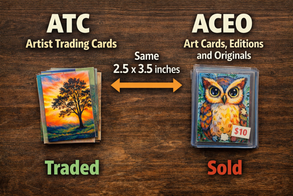 Side by side comparison of ATC artist trading cards and ACEO art cards