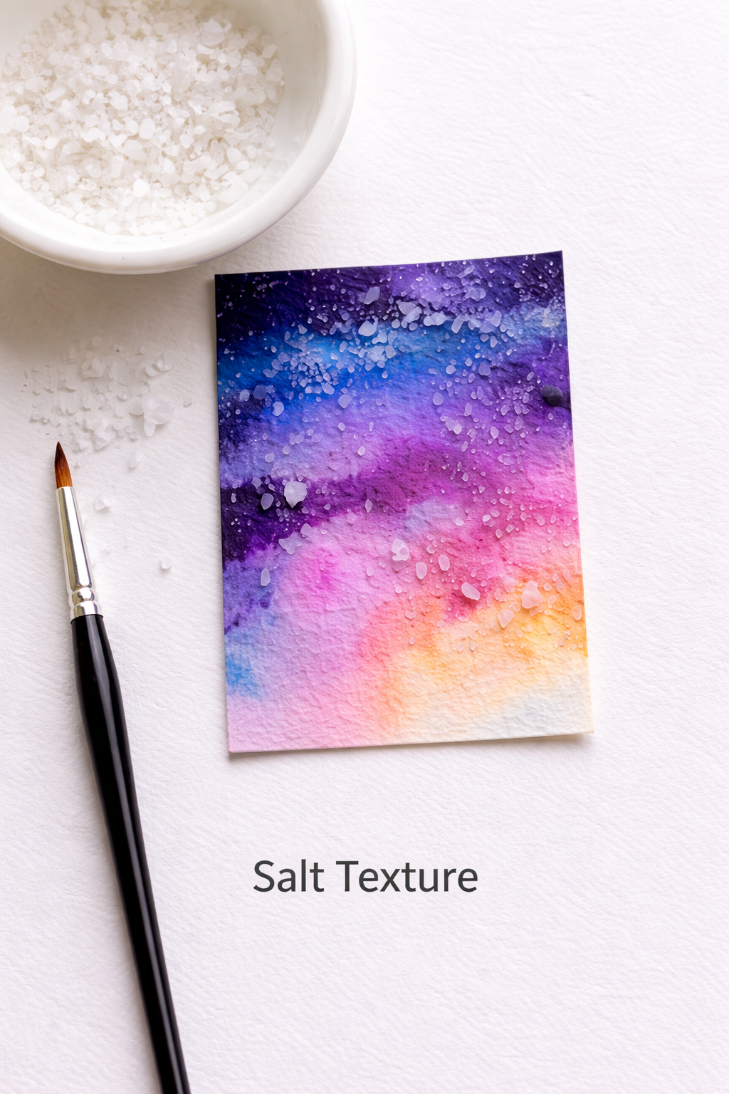 Salt texture watercolor technique on an ATC card with crystalline star patterns