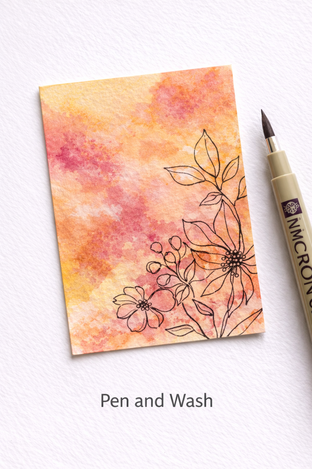 Pen and wash technique with fine line work over watercolor on an ATC card